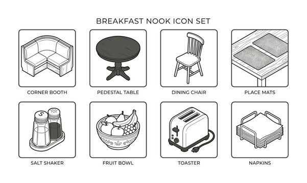 Isometric Breakfast Nook Icon Set with Dining Furniture and Kitchen Appliances