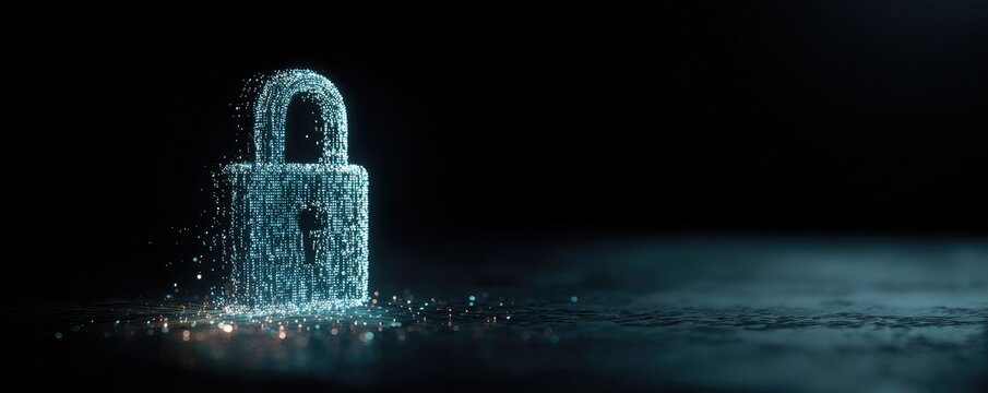 Digital padlock made of glowing particles on a dark, reflective surface