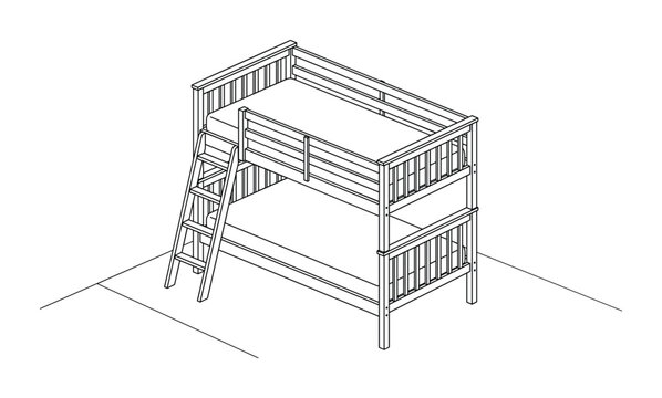 Isometric line drawing of a wooden bunk bed with ladder for children's room
