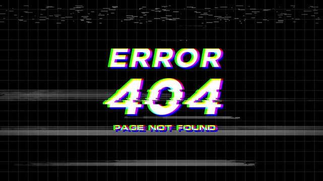 Animated error screen displaying page not found message with glitch motion and digital distortion