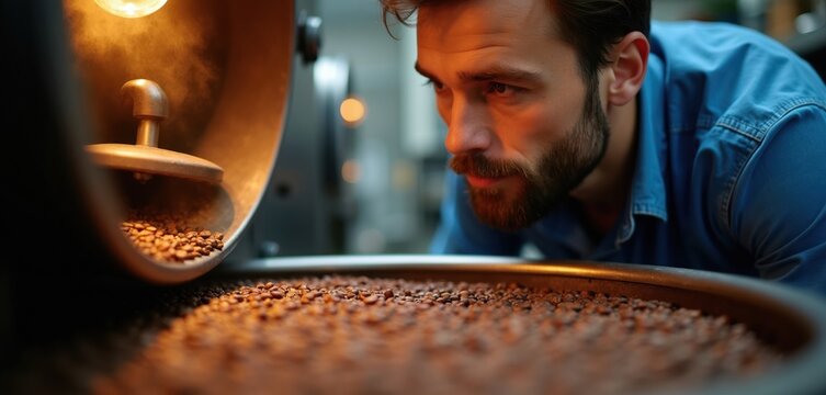 Man with beard sniffs freshly roasted coffee beans in factory. He assesses quality and aroma during production. Skilled worker checks beans for perfect brew.