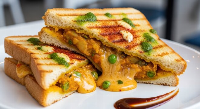 Delicious Tawa Toast Masala Sandwich with Melting Cheese and Green Chutney