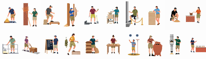 Flat vector illustration collection of professional brewery and distillery workers performing various tasks in the malting, brewing, and quality control production process. © Juan