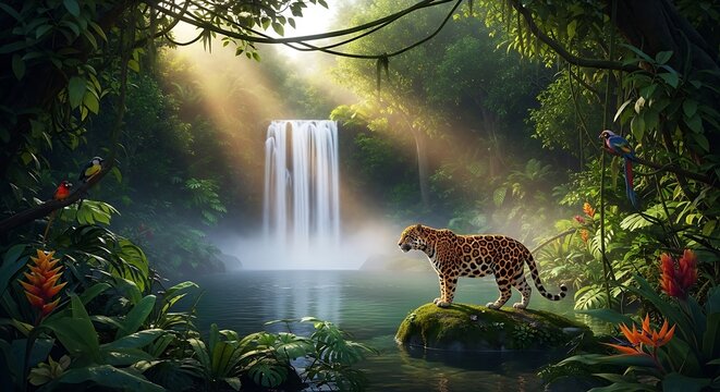 Majestic jaguar in a lush tropical jungle with a waterfall