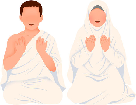muslim pilgrims in ihram praying illustration