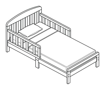 Illustration of a White Wooden Toddler Bed with Mattress and Pillow, Safety Rails Included