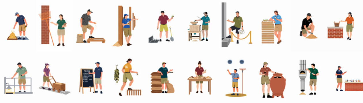 Flat vector illustration collection of professional brewery and distillery workers performing various tasks in the malting, brewing, and quality control production process.