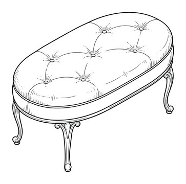Elegant oval tufted ottoman with ornate curved legs, classic furniture line art.