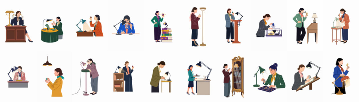 Collection of professional women examining and appraising jewelry, gemstones, and antiques using magnifying glasses and lamps in various workshop and office settings.