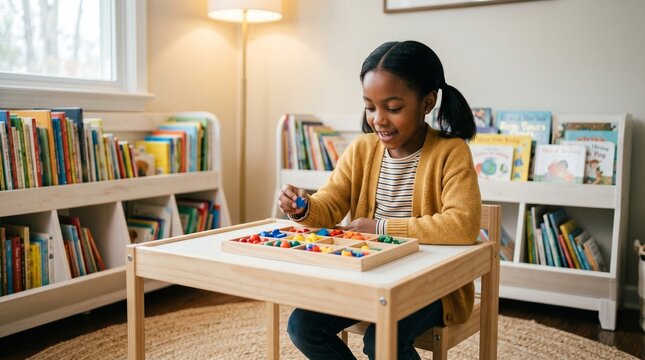A smart preschool girl grouping custom alphanumeric layout grid tiles on a colorful playroom desk.