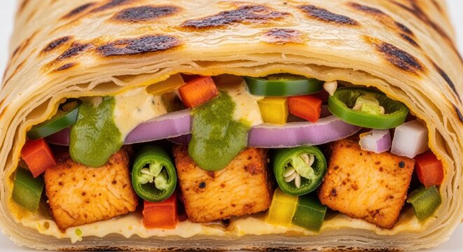 Delicious Kathi roll filled with paneer, vegetables, and chutneys