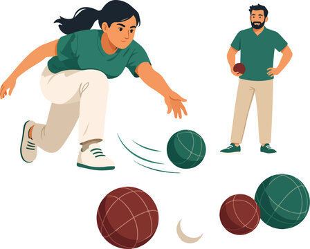 People playing bocce ball with colorful balls sport