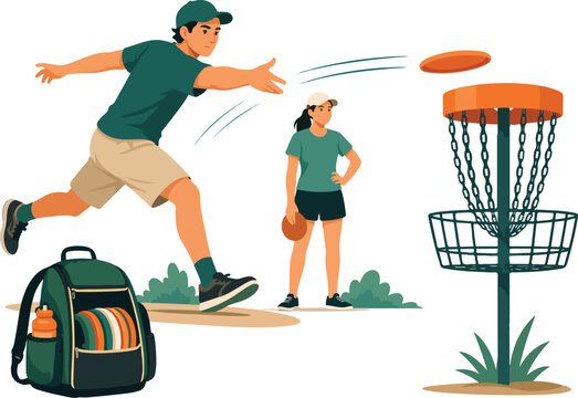 People playing disc golf with bag and basket frisbee