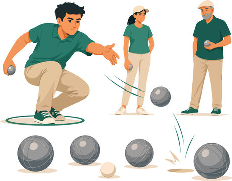 People playing petanque with metal balls boules ball game