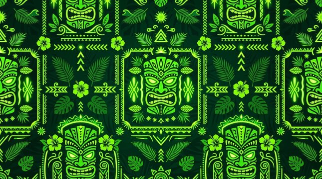 Vibrant green tiki masks and tropical leaves pattern tribal ethnic seamless background