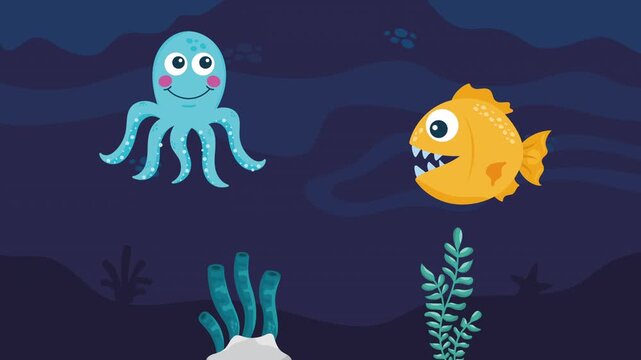 Underwater animated scene with a happy blue octopus and a yellow piranha fish swimming, surrounded by coral and plants, creating a vibrant aquatic world.