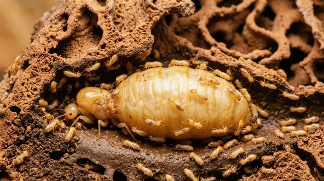 Close-up of a termite queen surrounded by other termites in their nest structure.