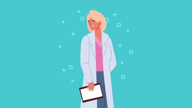 Professional female doctor animation with medical gown and clipboard over blue background.