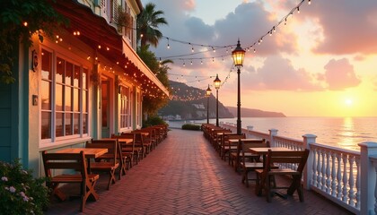 Obraz premium Empty cafe terrace by sea at sunset. Wooden tables and chairs await diners on brick pathway. String lights illuminate building exterior with warm glow. Ocean horizon glows with orange and pink hues.