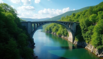 Fototapeta premium Large concrete arch bridge over a calm blue river surrounded by lush green trees on sunny day. Scenic landscape with clear sky and fluffy clouds.