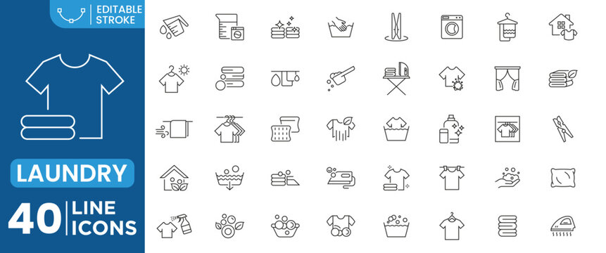 Laundry Service Line Icons Set Washing Machine Dry Cleaning Clothes Care Minimal Outline Household Laundry Equipment Garment Hygiene Textile Symbols Vector Collection editable stroke