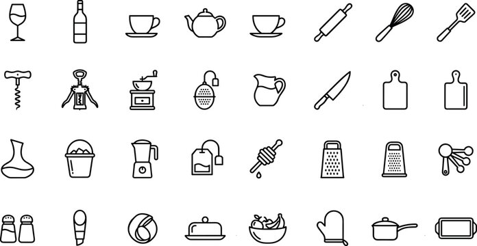 Set of Kitchen and Bar Tools Icons Representing Cooking, Utensils, and Drinkware for Food, Beverage, and Culinary Designs