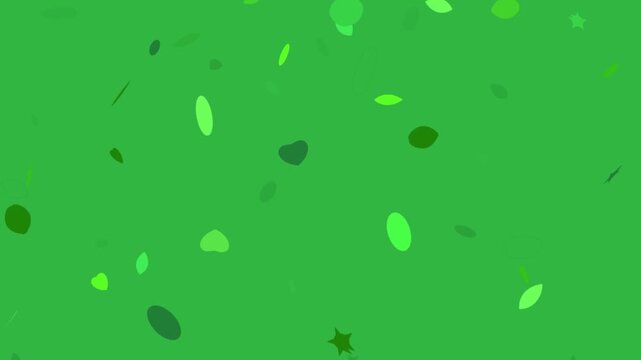 Falling Green Confetti Shapes Hearts Stars Leaves And Circles Animation On Green Background
