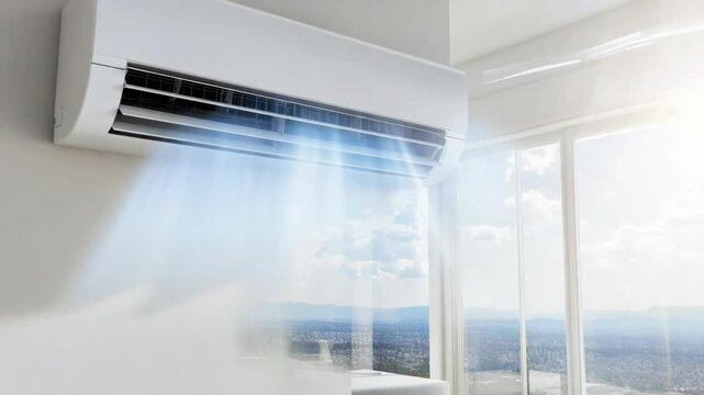 A white air conditioner blows cool air into a bright room. It offers comfort against the summer heat with a city view.