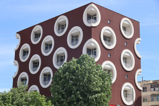 Building with futuristic architecture in the Albanian city of Korca  