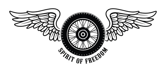 Motorcycle wheel with wings black and white vector illustration symbol speed freedom © MDRifat