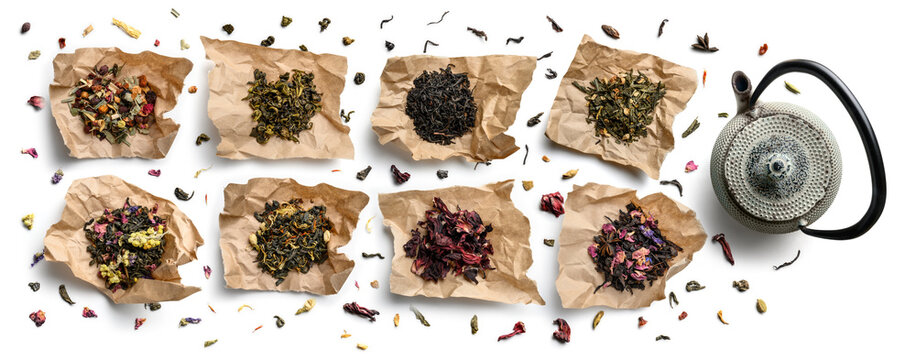 Large assortment of tea on a white background. The view from the top