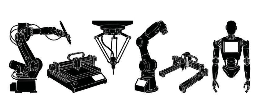 Industrial robotic arms and CNC machinery set, automated manufacturing production equipment, mechanical engineering technology icons, isolated black and white vector graphics for factory automation de
