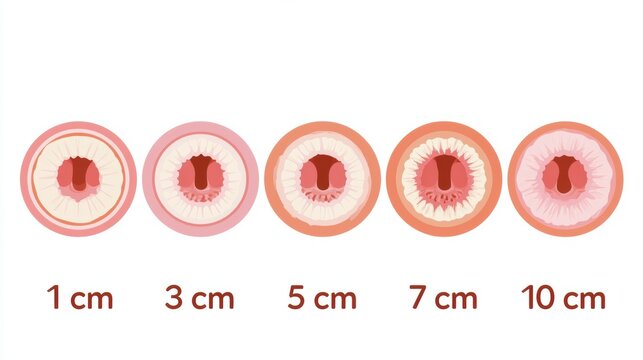 The stages of cervical dilation from 1 cm to 10 cm with fruit size comparison using a clean design.