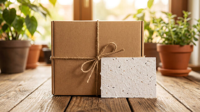 Eco friendly cardboard gift box with blank recycled card on rustic table