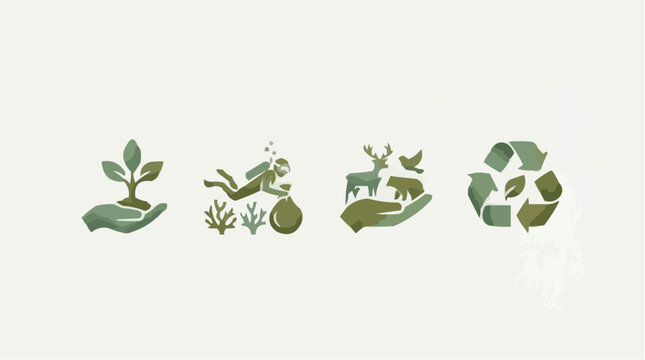 Eco friendly icons with green plants and recycling symbol