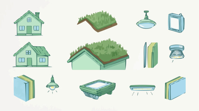 Green house and furniture icons set