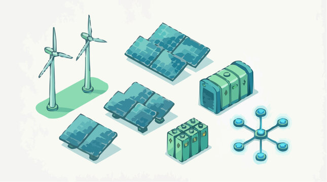 Blue isometric icons of renewable energy and technology