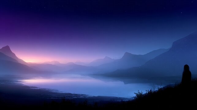 As twilight descends, soft hues of purple and blue envelop the ocean and mountains, creating a tranquil scene. The landscape is serene, inviting reflection and peaceful observation