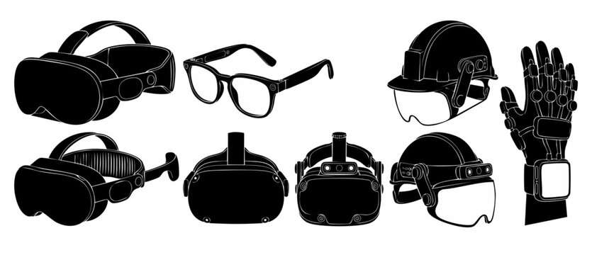 Virtual Reality Headset Icon Set, Augmented Reality Glasses and Haptic Glove symbols, futuristic technology hardware equipment, digital innovation elements for gaming, metaverse, and industrial traini
