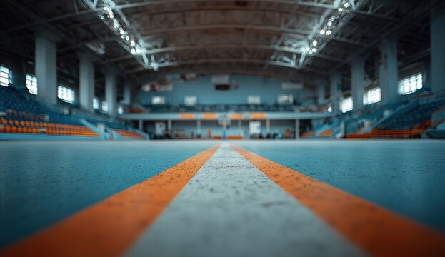 Soviet style indoor basketball stadium with blue and orange court and blurred audience