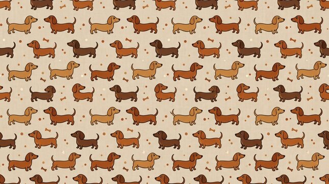 Seamless pattern of cute dachshund dogs in various poses on a textured brown background with bone shapes