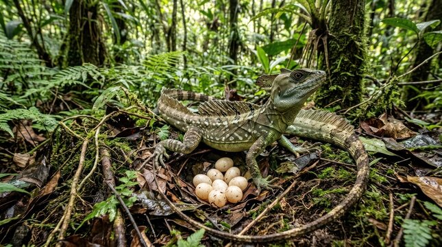A green lizard with eggs in a forest. The reptile concept of a lizard and the egg-laying behavior.