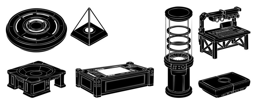 Sci-Fi Technology Equipment Icons Set, Isometric Futuristic Lab Machinery and Electronic Gadgets, Vector Illustration of Advanced Computing Interfaces and Research Devices for Cyberpunk Gaming Concept