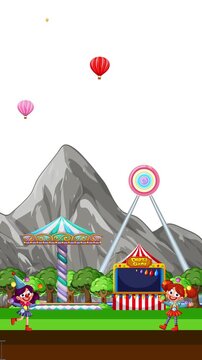 Animated Amusement Park with Ferris Wheel and Roller Coaster Background