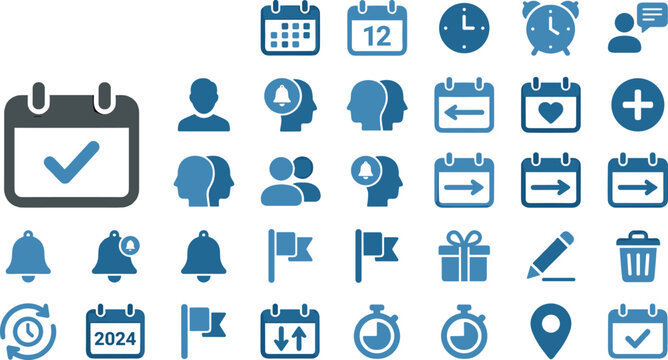 Set of Blue Icons Representing Calendar, Time Management, Notifications, and Tasks for Productivity, Planning, and Event Management Designs