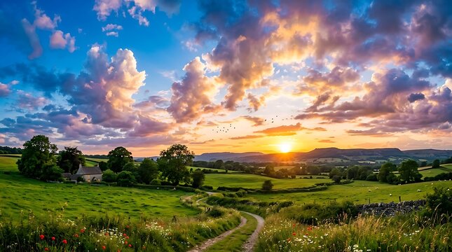 Beautiful panoramic sunset over a green countryside landscape with rolling hills and colorful clouds in a bright blue and orange evening sky