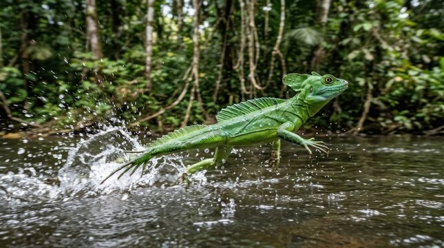 A green basilisk lizard in a jungle setting, with a splash of water in the background.