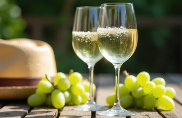 Obraz premium Two glasses filled with chilled white wine sit on rustic wooden table with green grapes, straw hat. Sunlight filters through green leaves creating peaceful outdoor ambiance for summer picnic wine