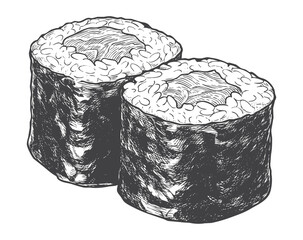 Vintage Hand Drawn Twin Maki Sushi Rolls Vector Illustration for Japanese Restaurant Logos and Seafood Menus © Aglonema