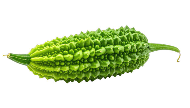 A vibrant, textured green bitter melon sits against a stark black background, showcasing its unique ridged and bumpy surface.